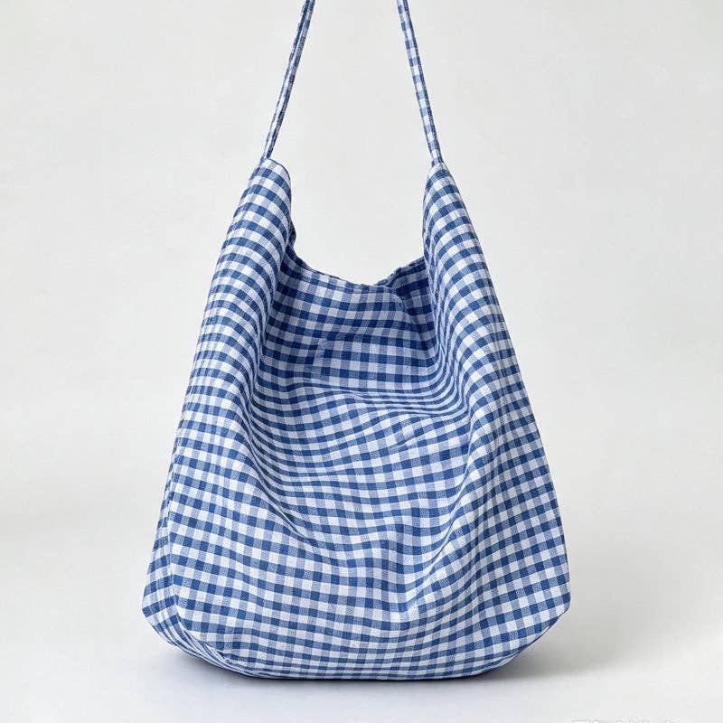 Striped Blue Plaid Canvas Bucket Tote