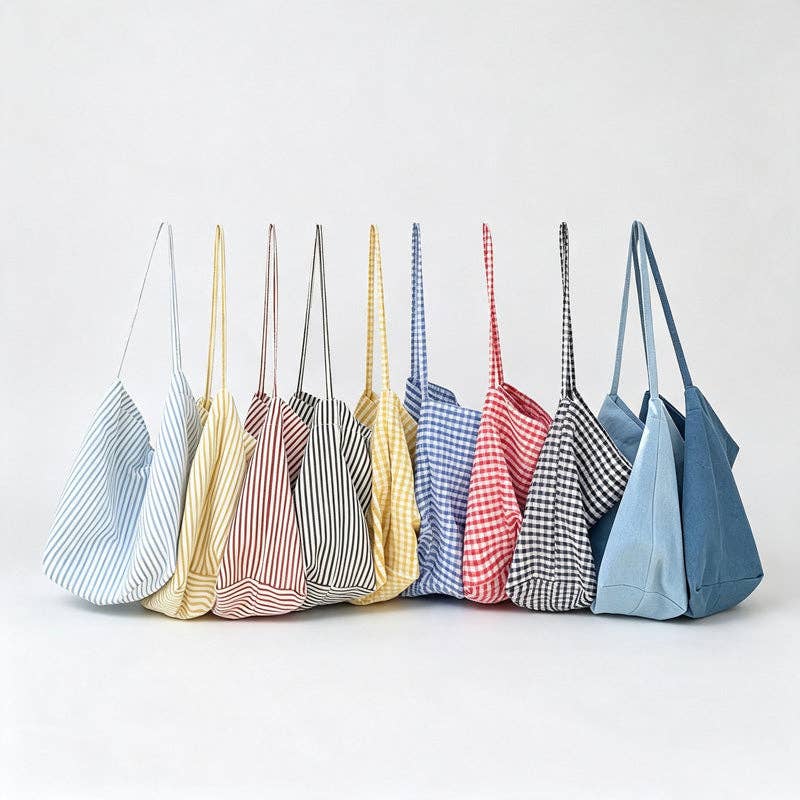 Striped Blue Plaid Canvas Bucket Tote