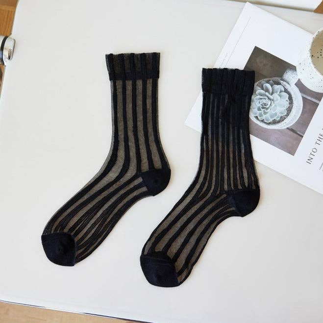 Black Sheer Ribbed Mid-Calf Crystal Socks