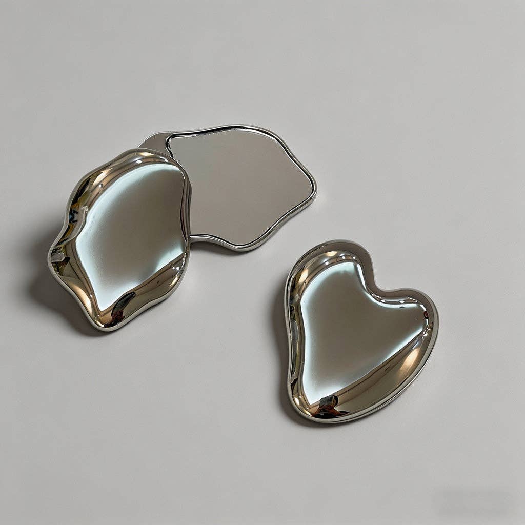 Metal Round Folding Compact Mirror_Silver Heart