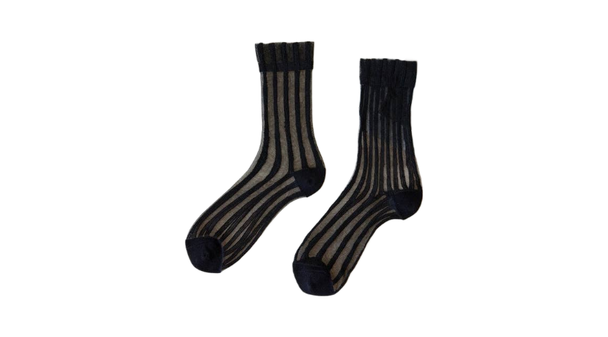 Black Sheer Ribbed Mid-Calf Crystal Socks