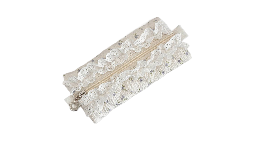 Lace Trim Floral Quilted Pencil Case