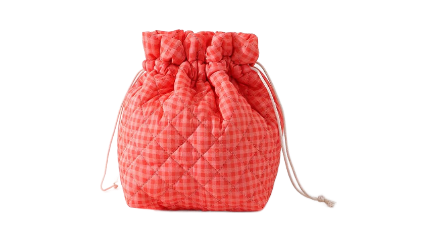Red Grid Quilted Drawstring Storage Pouch