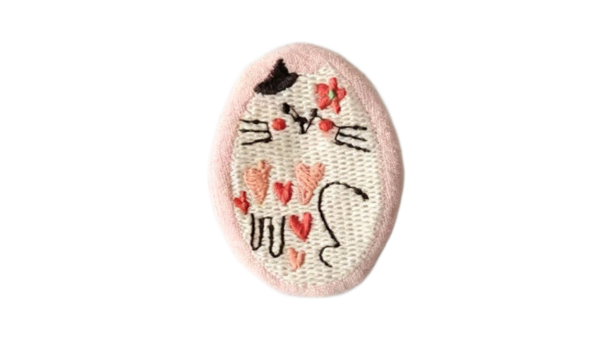 White Cat Embroidery Oval Brooch