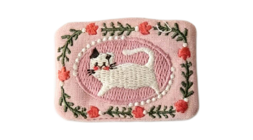 White Cat Pink Embroidery Rectangle Brooch
