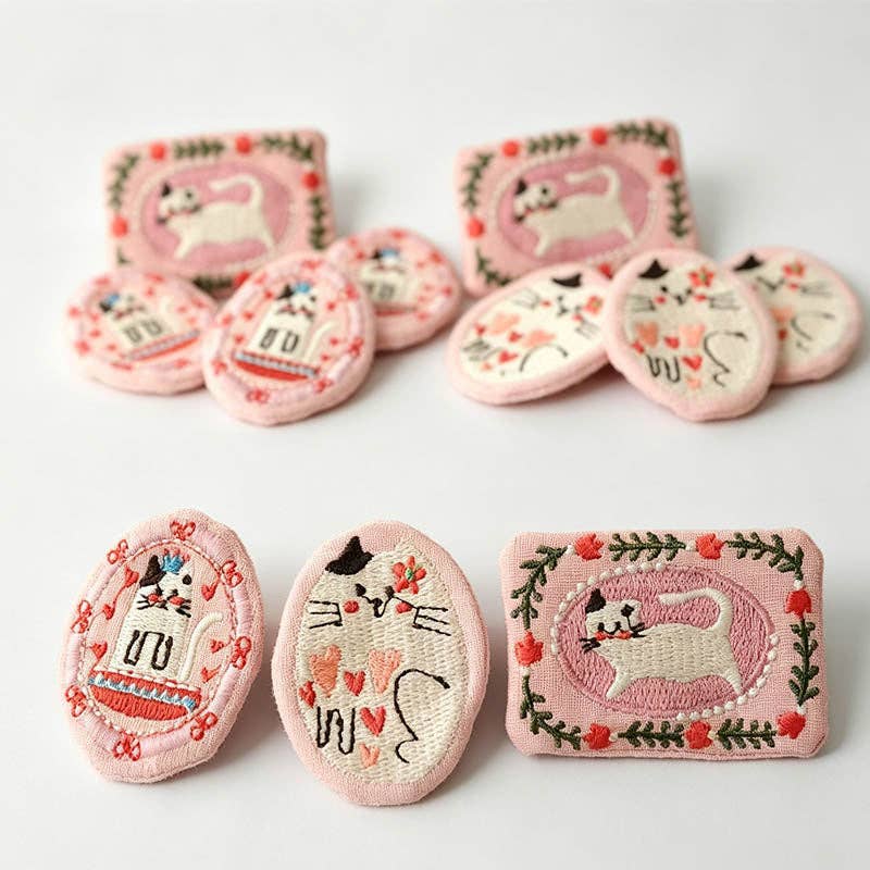 Sweet Pink Cat Embroidery Brooch_RECT Flower