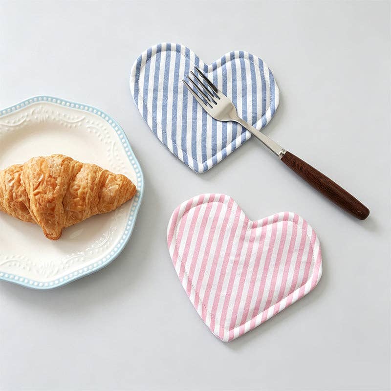 Lightweight Cotton Fabric Heart-Shaped Coaster_Light Pink Grid